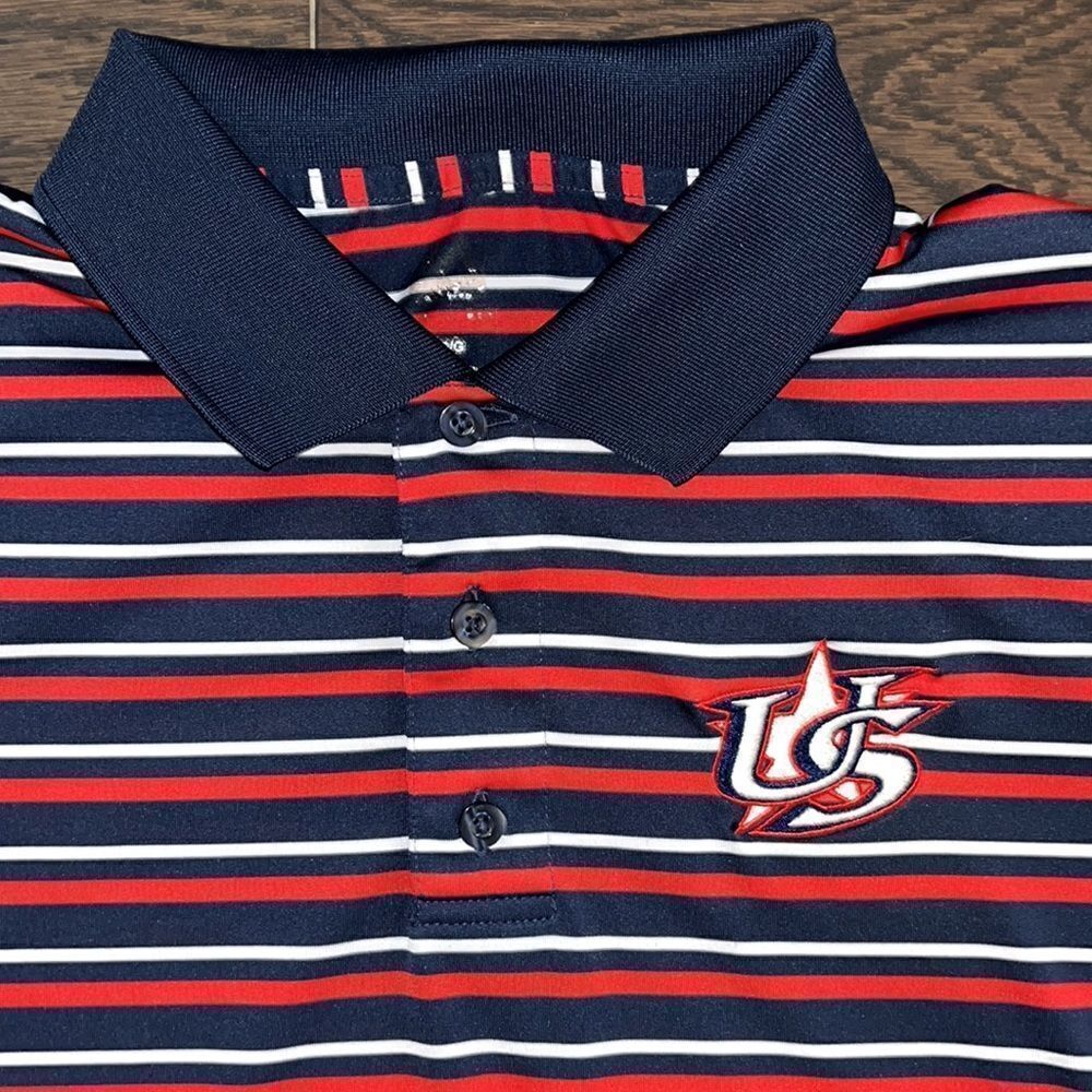 Mens Red White & Blue Poly Team USA sewn logo Baseball golf polo tennis shirt L
